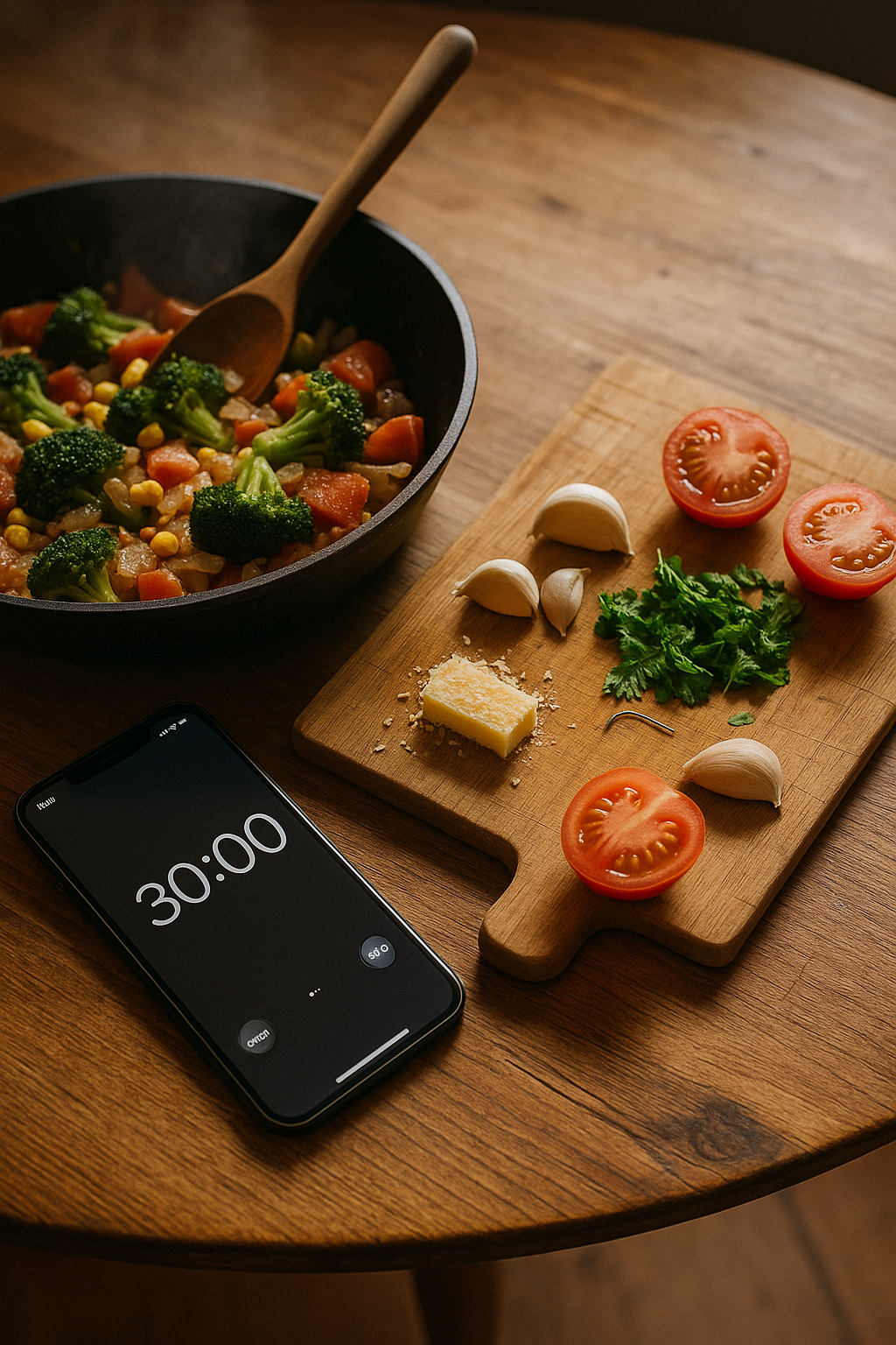 Salteado saludable de vegetales cocinándose en una sartén con ingredientes frescos en una tabla de cortar y un temporizador de teléfono mostrando 30:00 - demostrando comidas caseras rápidas