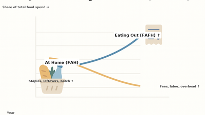 Gráfico de datos del USDA que muestra tendencias de gasto en alimentos - costos de comer fuera vs en casa desde 2000 a 2025