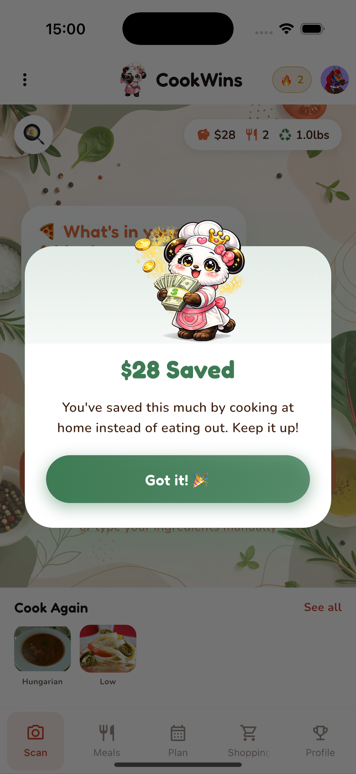 Savings reward popup